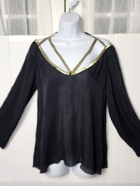 GIANNI VERSACE Sheer Silk Top 42 M Black Gold Studs Strappy Indie Sleaze Vtg